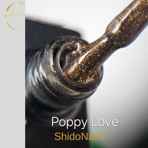 ShidoNails Poppy Love glitter gellak close-up die de luxueuze goud-bruine glittermix toont op het kwastje en in de opening van het flesje.