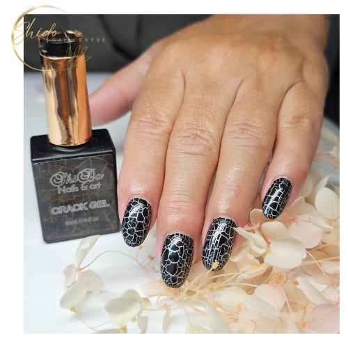 Dichtbij-opname van een hand met amandelvormige nagels voorzien van nail art. De nagels hebben een glanzende zilveren basis met daaroverheen een zwart crackle-effect (gebarsten lak) van ShidoNails. Op de achtergrond staat een flesje ShidoNails Crack Gel en witte droogbloemen.