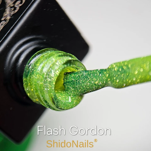 Close-up van de ShidoNails gellak flesopening en het penseel in de kleur flash gordon, een neon groene reflecterende tint.