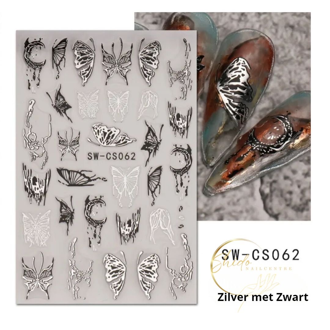 Luxury Nailart Sticker vlinder CS062 - ShidoNails® - Zilver/ zwart Vlinder