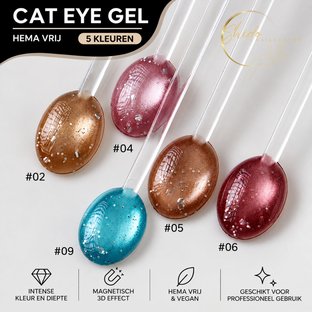 ShidoNails® Bubble Cat Eye gellak collectie met transparant magnetisch Velvet Glow effect en subtiele glitters in verschillende kleuren.
