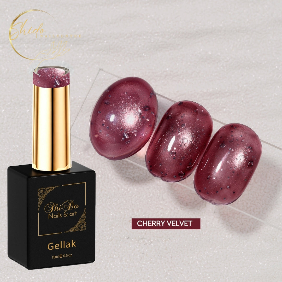ShidoNails® Bubble Cat Eye gellak cherry velvet met transparant cat eye effect, Velvet Glow en subtiele glitters.