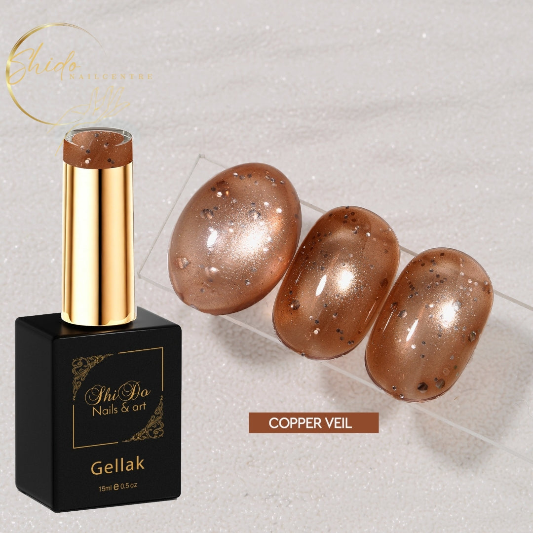 ShidoNails® Bubble Cat Eye gellak copper veil met transparant warme cat eye effect, Velvet Glow en subtiele glitters.