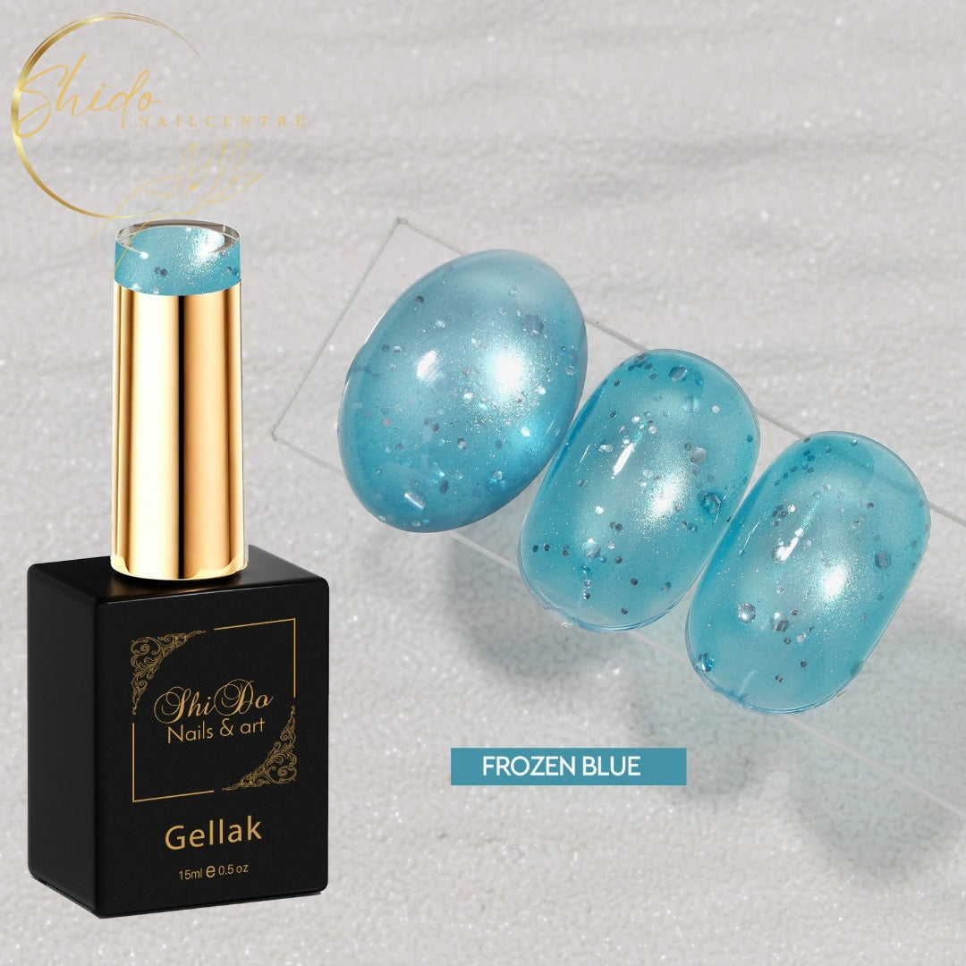 ShidoNails® Bubble Cat Eye gellak frozen blue met transparant ijs cat eye effect, Velvet Glow en subtiele glitters.