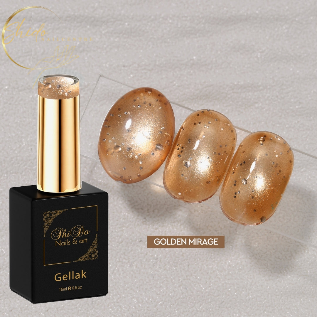 ShidoNails® Bubble Cat Eye gellak golden mirage met transparant gouden cat eye effect, Velvet Glow en subtiele glitters.