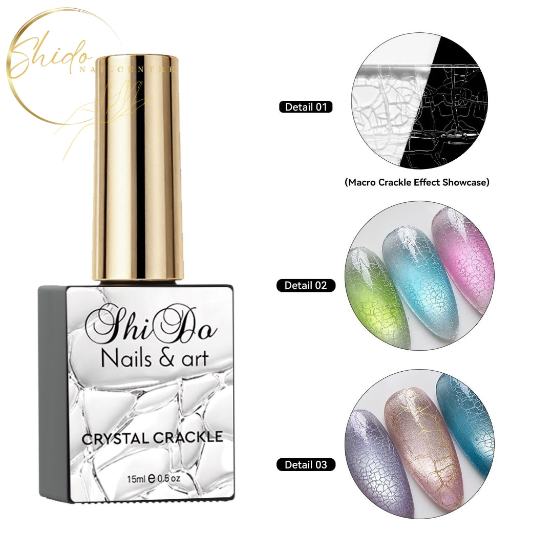ShidoNails® Crystal Crackle Clear nail art gel voor een transparant craquelé-effect op gellak, BIAB en andere nagelkleuren.