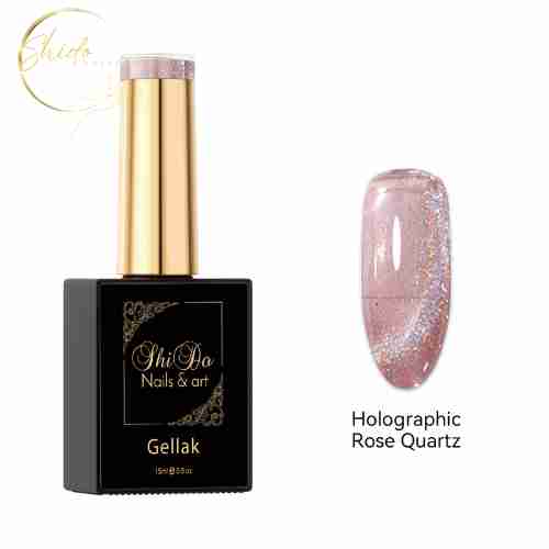 Een flesje Shidonails gellak Holographic Rose Quartz, een zacht roze cateye-nagellak met hologram, naast een kunstnagel waarop het hologram effect te zien is
