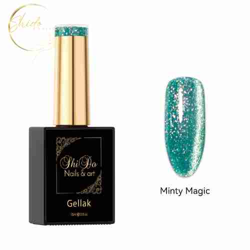 Een flesje Shidonails Minty Magic een twinkelend mint groene cateye gellak, naast een kunstnagel waarop het levendig cateye effect te zien is.