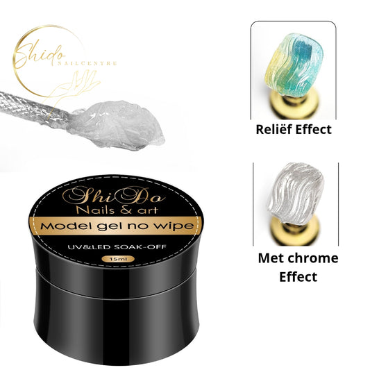 Modelgel clear voor fijne details je ziet structuur van de gl en 2 voorbeelden van nailart tips.