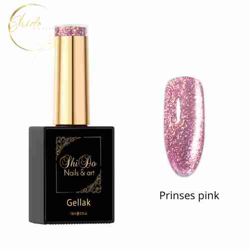 Een flesje Shidonails Prinses pink een twinkelend roze cateye gellak, naast een kunstnagel waarop het levendig cateye effect te zien is.