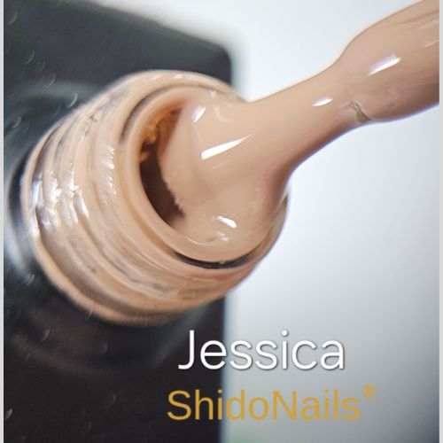 Close-up van de ShidoNails gellak flesopening en het penseel in de kleur jessica, een taupe tint.