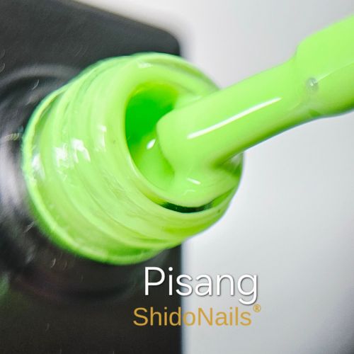 Close-up van de ShidoNails gellak flesopening en het penseel in de kleur Pisang, een helder groene tint.