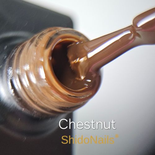 Close-up van de ShidoNails gellak flesopening en het penseel in de kleur chestnut, een warm bruine tint.