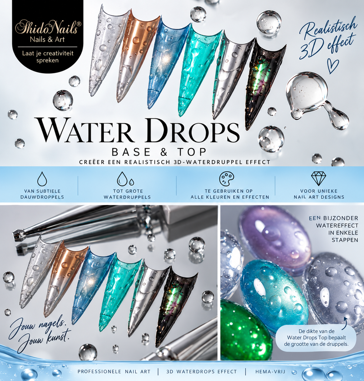 Nageldesign met ShidoNails® Water Drops Base & Top voor glanzende 3D-waterdruppels in verschillende formaten.