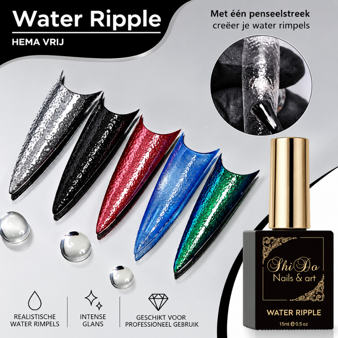 Voorbeelden van nail art met ShidoNails® Water Ripple Top Coat voor het creëren van water rimpels, reliëf en bijzondere effecten op verschillende nagelkleuren.