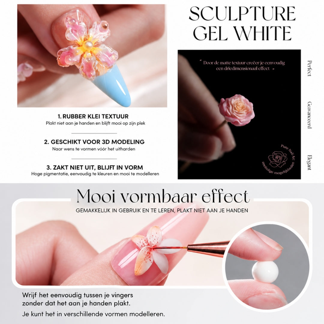ShidoNails® White Sculpt Gel voor het modelleren van witte 3D bloemen, reliëf en decoraties op nagels.