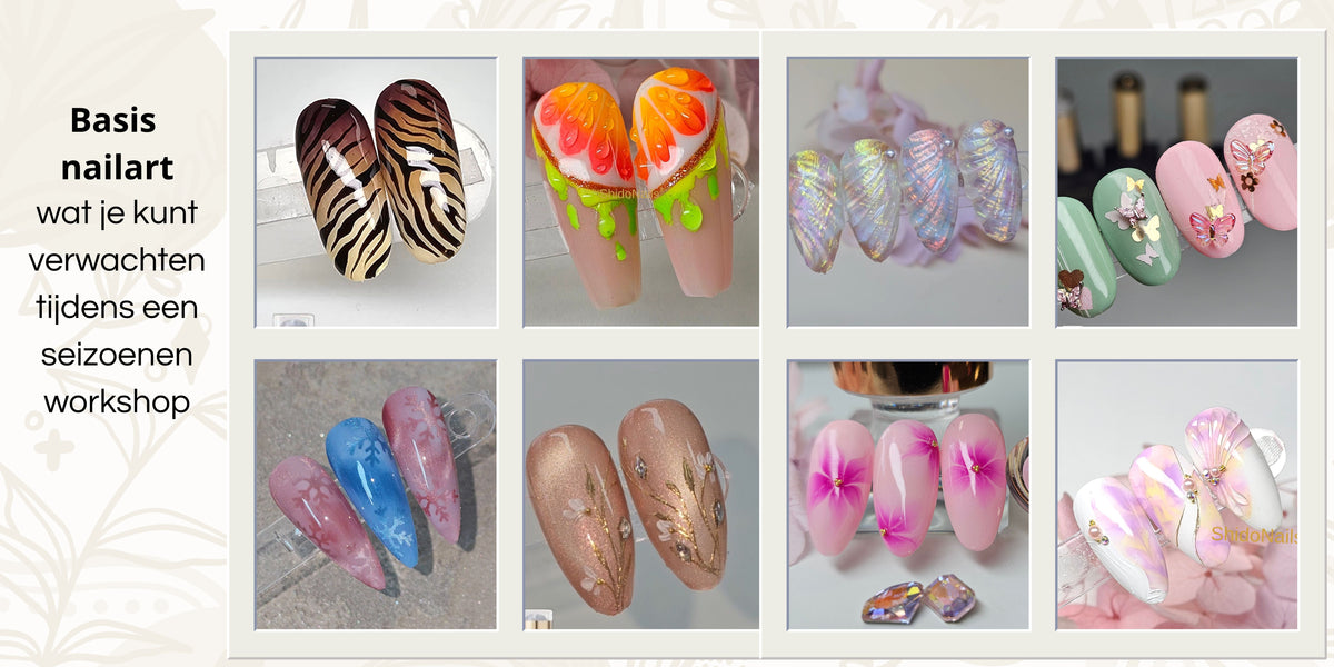 Een greep uit de basistechnieken die je leert tijdens de ShidoNails® Seizoens Nailart Workshop, zoals blooming gel, ombre, pigmenten, spider gel, decoraties en animal print.
