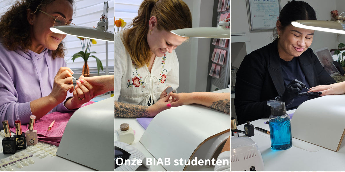 Cursisten leren BIAB tijdens een praktijktraining bij ShidoNails®.