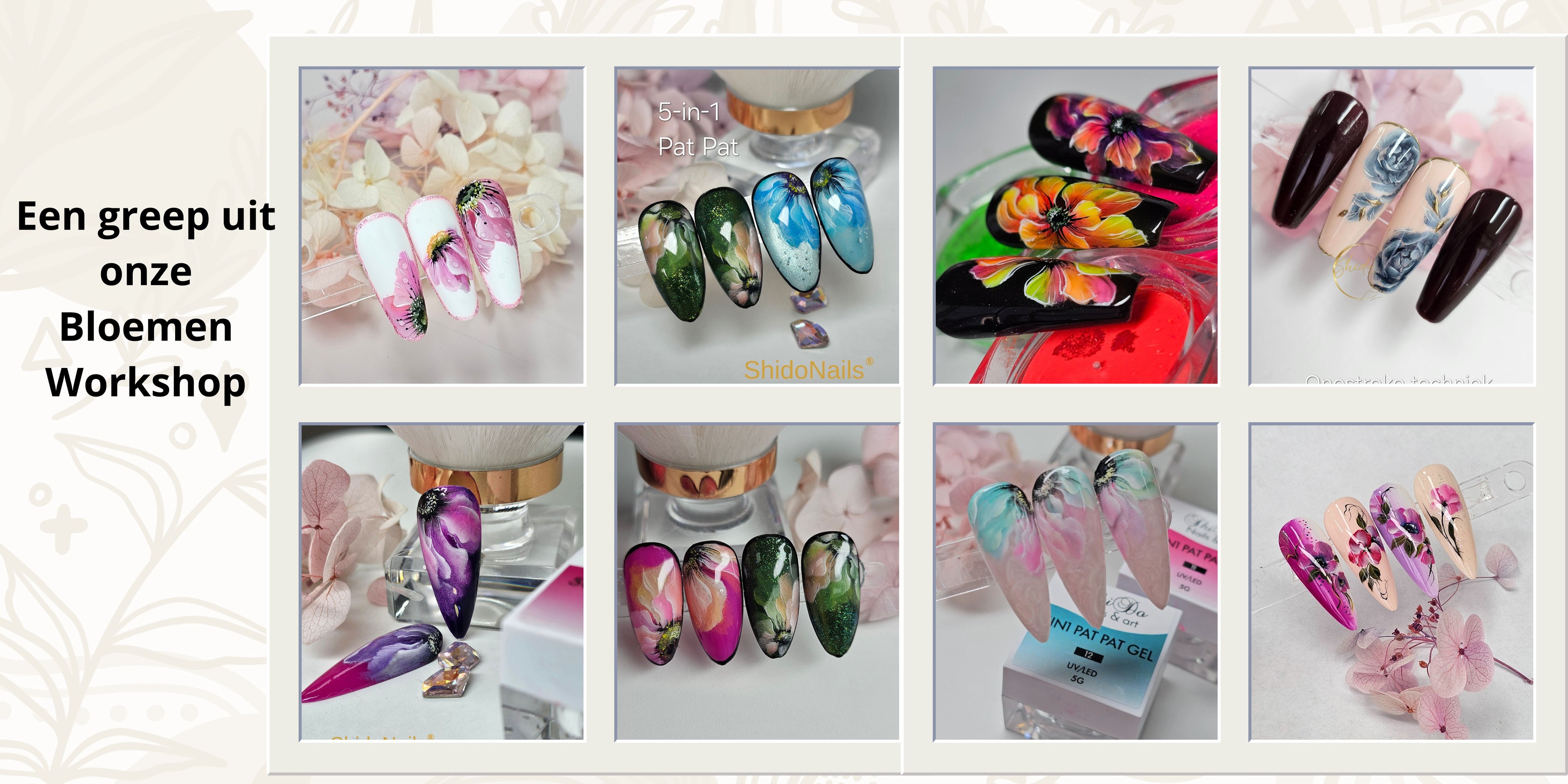 Een greep uit de ShidoNails® Bloemen Workshop met handgeschilderde bloemen, aquareltechnieken en florale nailart.