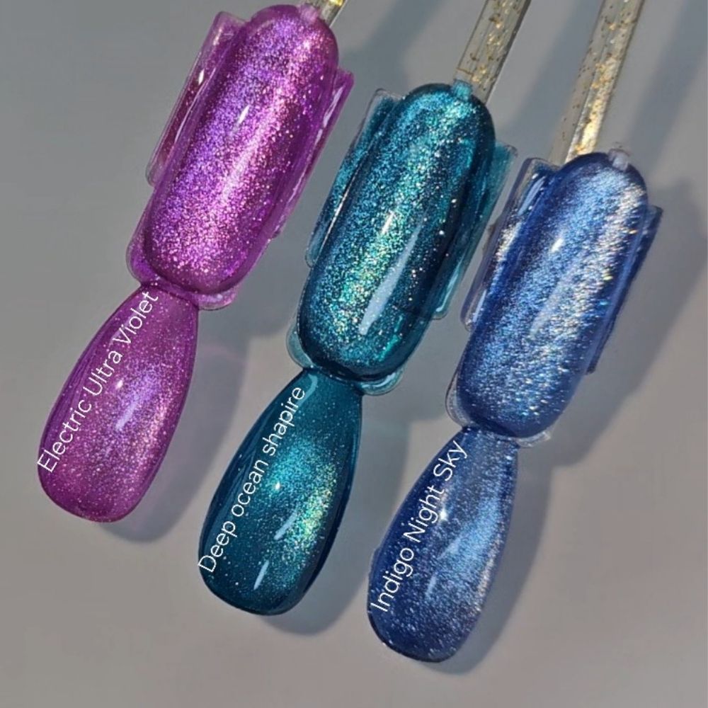 3 daimond cat eye swatches Violet, ocean en indigo met diepe glans en magnetisch effect 