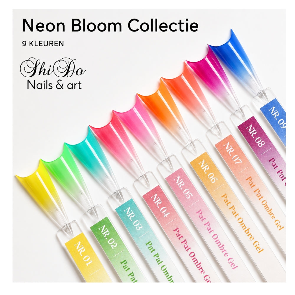 9 kleuren Pat Pat Gel uit de ShidoNails Neon Bloom Collectie met ombre kleurverloop