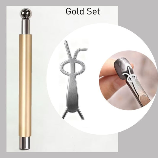 Een goudkleurige magneet met handige tools die het effect laat zien voor cateye gellak.